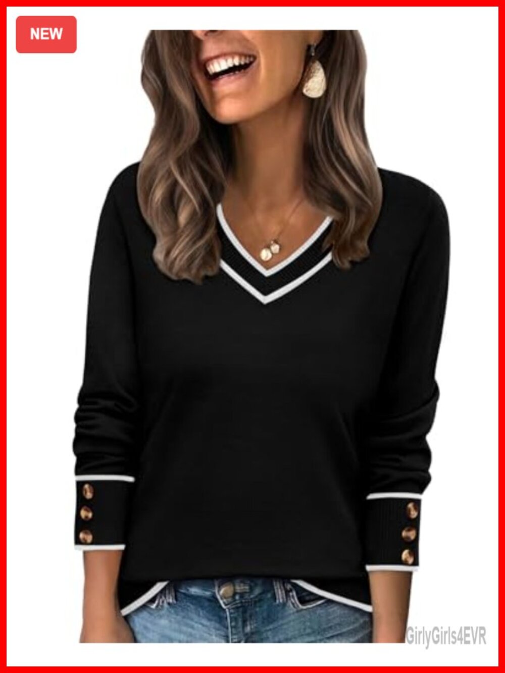 Womens V-Neck Pullover Sweater Long Sleeve Button Cuffs Relaxed Fit Knit